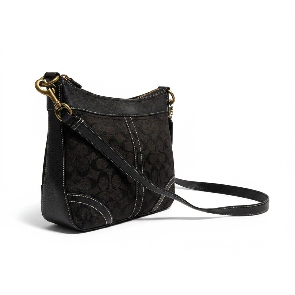 Vtg Coach Signature Jacquard Black Leather Trim Crossbody Messenger Bag Monogram